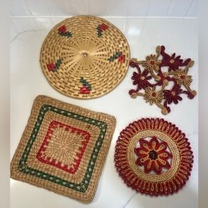Vintage Boho Hot Pad Trivet Woven Rattan Raffia set of 4